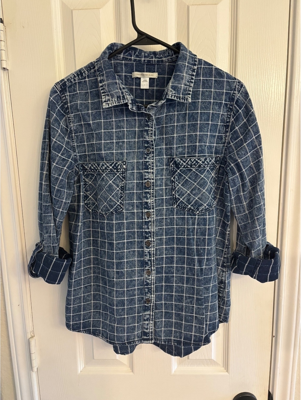 Canyon River Blues Acid Wash Plaid Denim Button Down Shirt Women's L Roll Tab